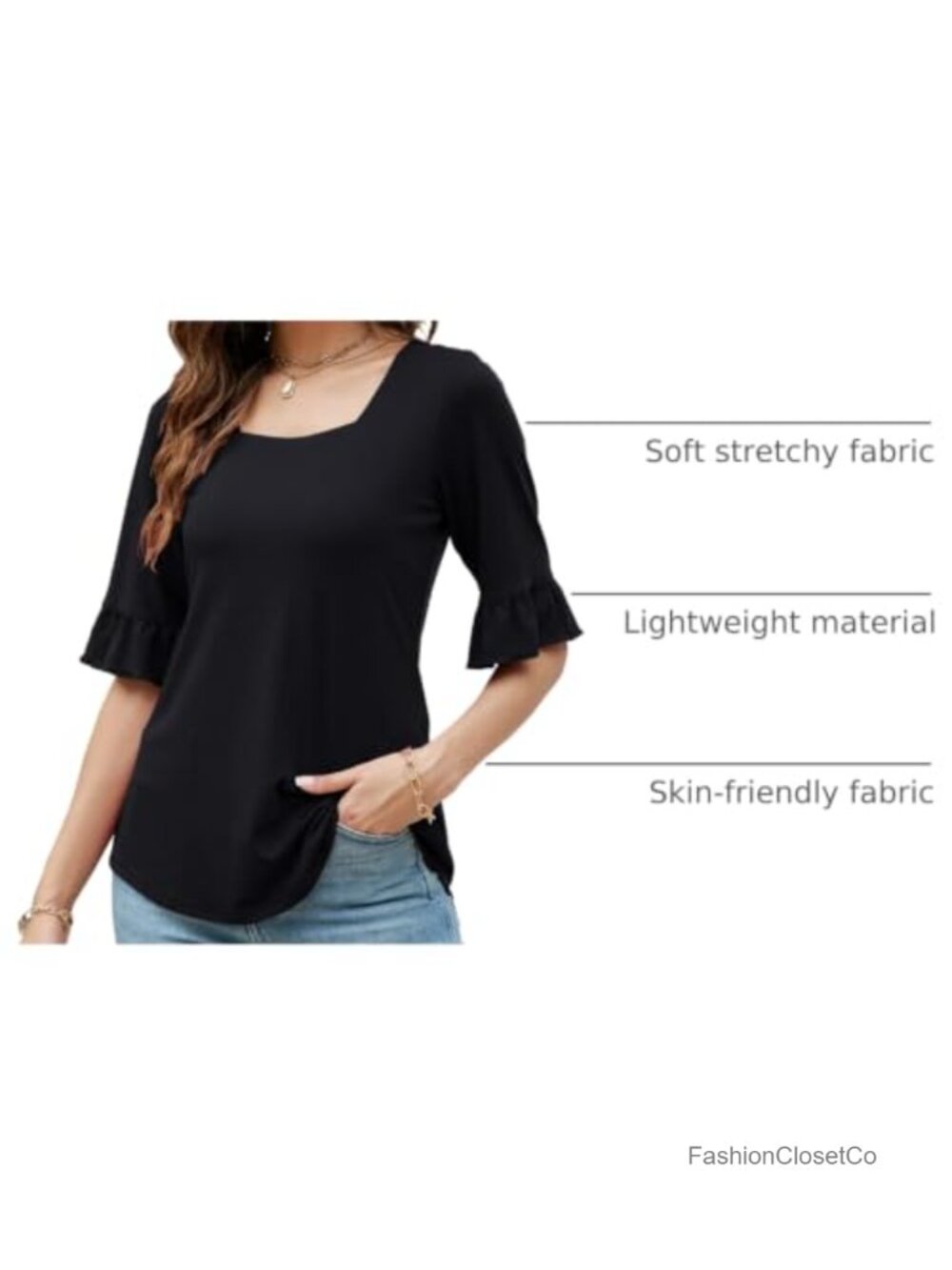 Women's Square Neck 3/4 Bell Sleeve Tunic Blouse Business Casual - Picture 3 of 6